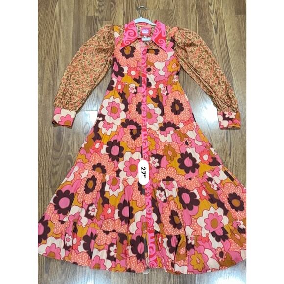 CELIAB retro Satin Monte Rosa Floral Button-Front Tiered Midi Sun Dress XS - Picture 6 of 12